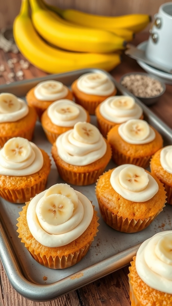 A tray of banana bread cupcakes with cream cheese frosting and banana slices.
